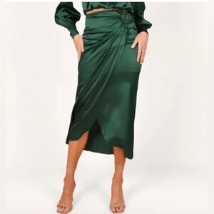 Petal & pup maxi wrap, green satin skirt NWOT sz L midi se measurement